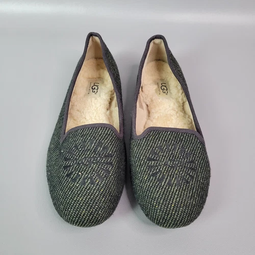 UGG Australia Alloway ciabatte piatte donna 9 scarpe tweed verde oro fodera pelliccia