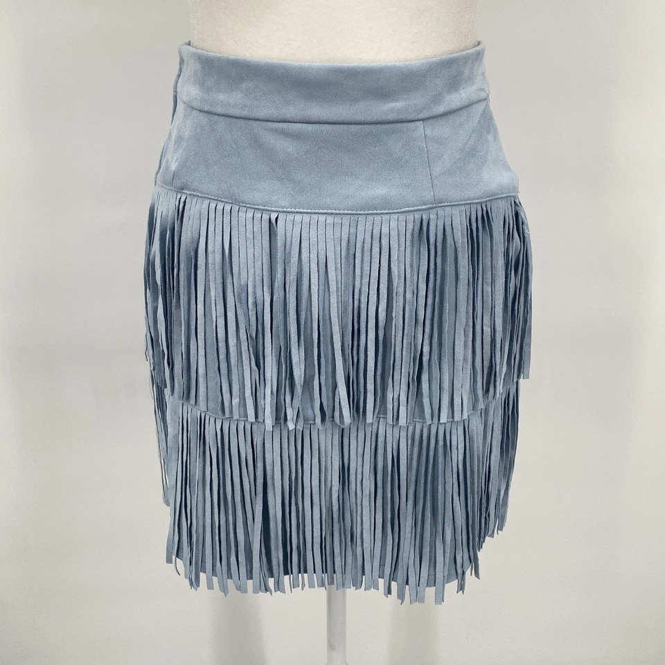 Falda Francesca's mi ami para mujer pequeña azul imitación gamuza flecos en capas mini occidental Foto 3 de 4