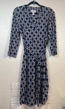 DM  Collection Navy+White Chain Link Print, Jersey Dress Mandarin Neck, Tie Back