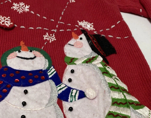 Vtg Christmas Cardigan Sweater Heirloom Collectibles Sz M Snow-men Beads Red Zip - Picture 14 of 24