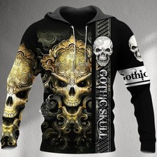 Gothic Skull Hoodie, Gold Ornate Skeleton Artwork, Dark Aesthetic Streetwear