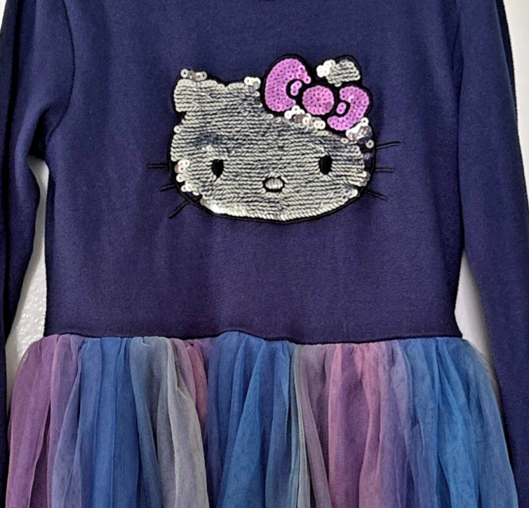 Vestido tutu azul manga comprida Hello Kitty meninas 6X saia de tule lantejoulas elásticas - Imagem 2 de 4