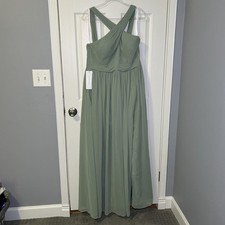 Azazie Elvira Dress Women's 14 Matcha Green Chiffon Maxi Bridesmaid Gown NWT