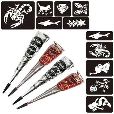 NATURIC 4x Golecha Henna Tattoo, Temporäre Tattoo + 11x Schablone (Schwarz-Cherry Rot)