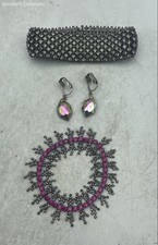 3 Pc Dark Tone Metal Rhinestone Cluster Design Bracelets & Earrings Set