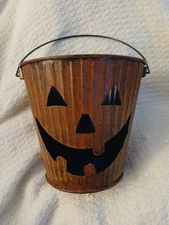 Rustic Orange Metal Pumpkin Halloween Decor 4.5" And Jack O Lantern Bucket