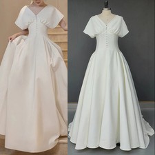 French Style Soft Satin Vintage Wedding Dress Simple V Neck Short Sleeves