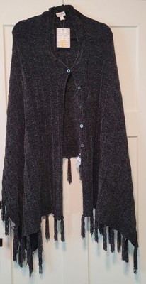 LuLaRoe Womens Button Up Knit Poncho Sweater Fringe Charcoal OS Whimisgoth Boho 