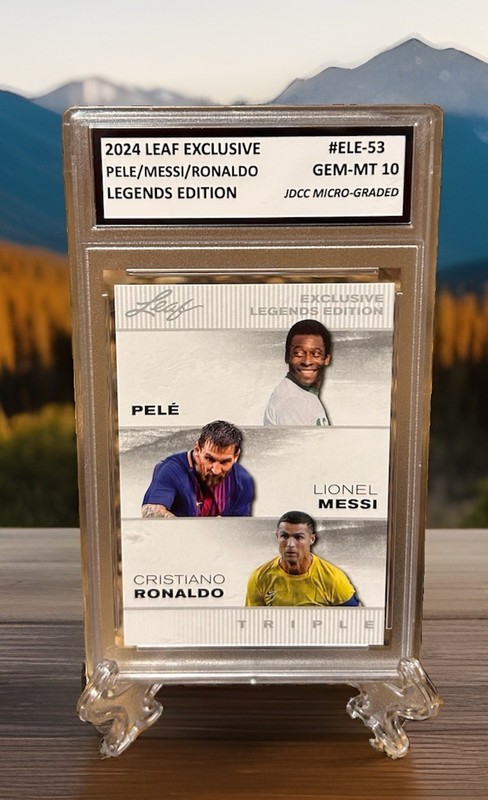 PELE/Lionel MESSI/RONALDO 2024 LEAF Triple LEGENDS #ELE-53 GRADED GEM-MT 10. Coa