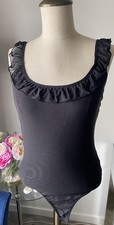 Women  s Bebe Mesh Bodysuit Ruffle Neck Line Black Size XS