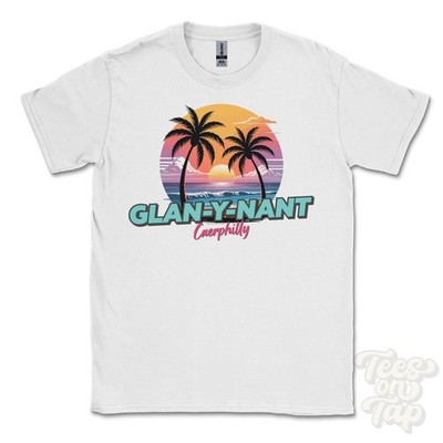 GLAN-Y-NANT CAERPHILLY T-SHIRT - Retro Miami Style Funny UK Summer Parody