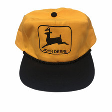 Vintage JOHN DEERE Black Yellow Snapback Trucker Cap Hat SAN SUN