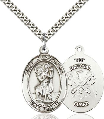 Sterling Silver St Christopher National Guard Medal Pendant Necklace 24'' Chain