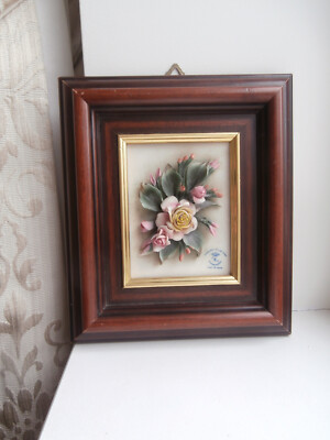 Tableau Mural Vintage En Céramique Capodimonte Roses Dans Cadre Bois Plaque