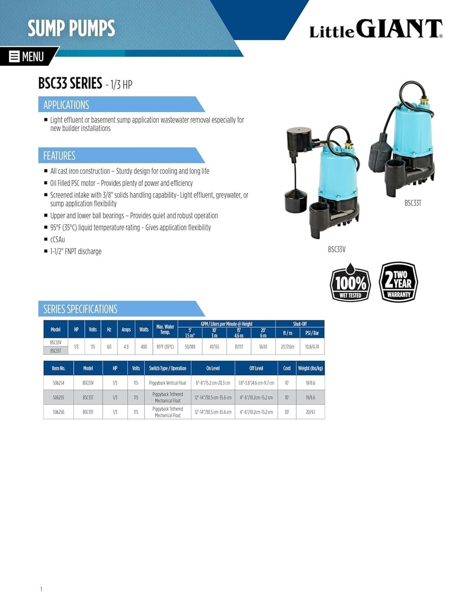 Pompe A Eau Little Giant Automatic Submersible Cast Iron Sump