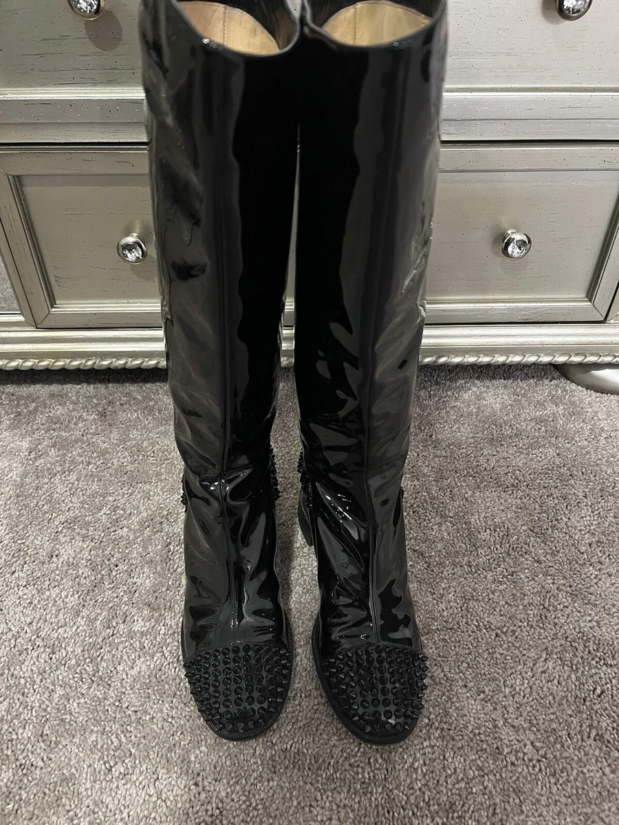 Christian Louboutin Boots Riding Knee High Spike Studded Tall Box Flat  Patent