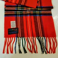 Cashmink Red Plaid Scarf Fringe V. Fraas Germany 52" long by 11" wide Super Soft