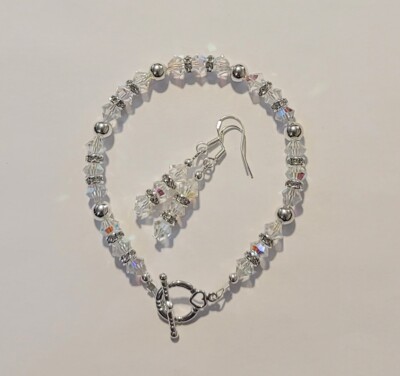 Crystal AB Preciosa Bicone Beads Bracelet & Earrings Set Toggle Clasp 8''