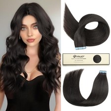 Tape in Hair Extensions Human Hair Natural Black 20 Inch Straight Seamless