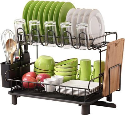 Dish Drying Rack for Kitchen Counter, 2 Tier Large Dish Drainers, Stainless Stee