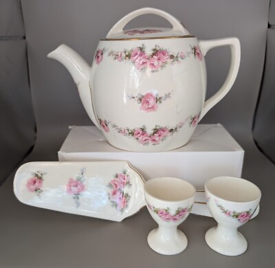 Max Roesler Germany Porcelain Pink Rose Garland Teapot Cake Server 2 Egg Cup