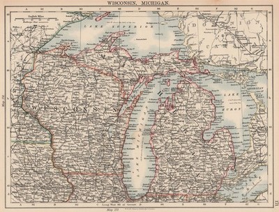 USA MIDWEST. Wisconsin Michigan. Great Lakes Superior Huron. Eisenbahn 1906 Karte