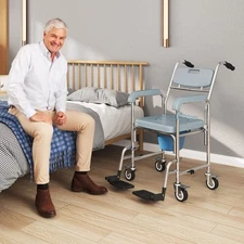 Shower Chair with Wheels, Bedside Commode Wheelchair for Seniors, Gray