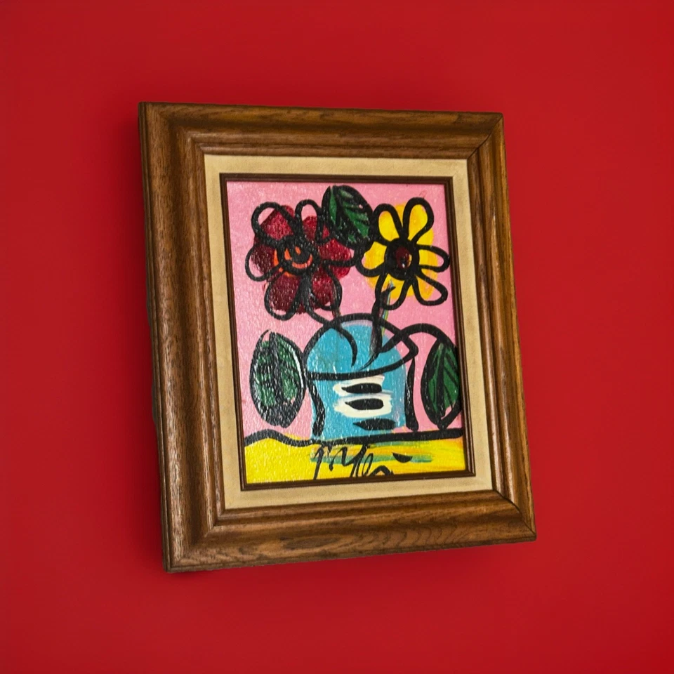 "Impresionante pintura floral moderna de Peter Keil - Marco de roble vintage 13""x15""" Foto 3 de 4