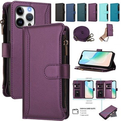 Zip Leather Wallet Case Flip Cover For iPhone 17 16e 15 14 13 12 11 Pro Max Plus