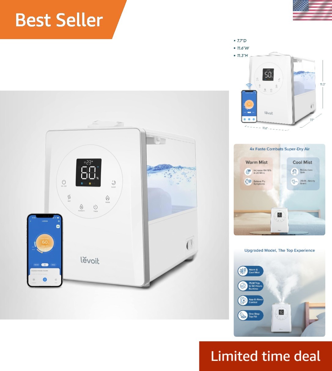 For Large Room 6l Cool Warm Mist Smart Control Quiet Sleep