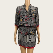 Angie MEDIUM Gray Black Boho Floral Beaded Blouson Short Mini Dress Festival