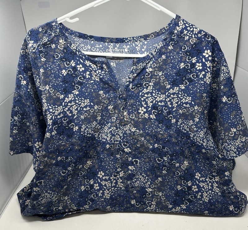 Carhartt Scrubs Top Women Size 3X Blue Floral Modern Fit