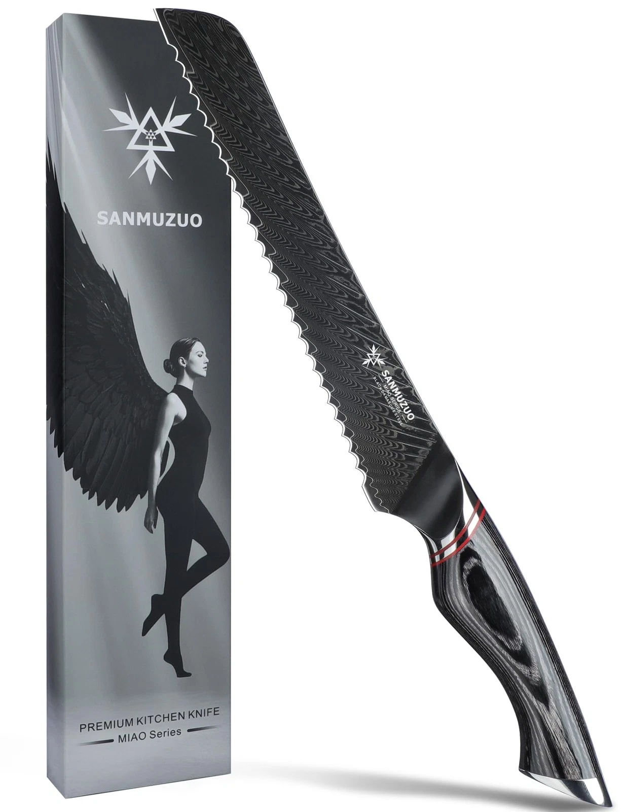 8 Inch Bread Serrated Blade - Black Damascus Steel with Ergonomic Handle - MI...