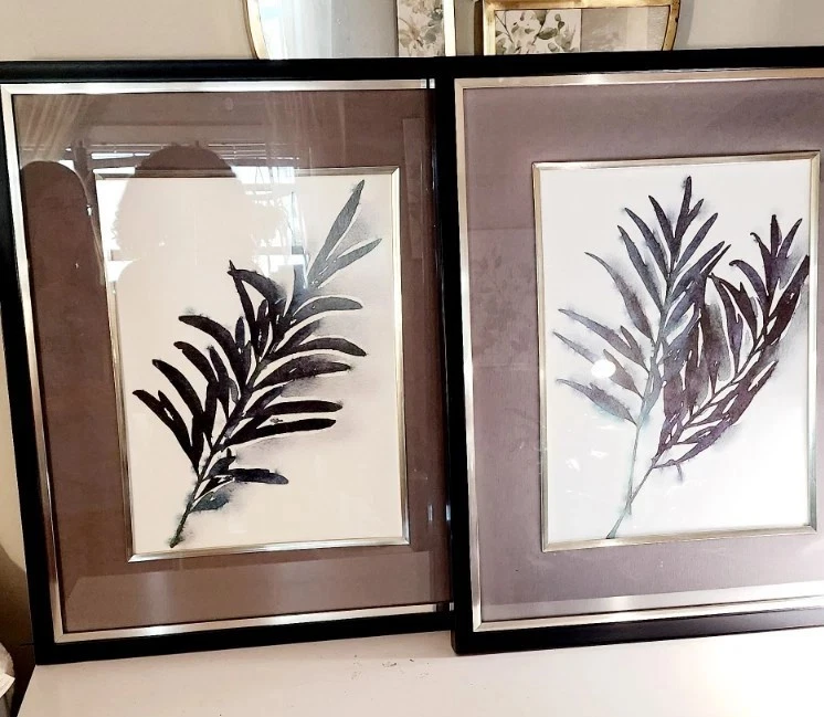 Totalmente aposentado 2 folhas de eucalipto estampas em tecido cinza fosco moldura preta - Imagem 2 de 4