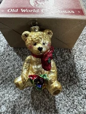 Merck Family Old World Christmas Glass Ornament Teddy Bear 4" Vintage