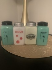 Hazel Atlas McKee Shakers Jadeite Art Deco Salt & Pepper Red Dot Flour Cinnamon