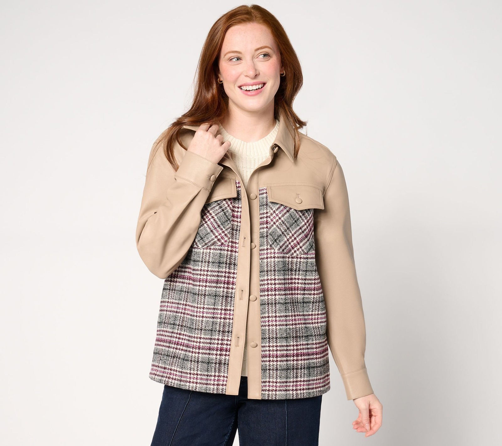Belle by Kim Gravel Women's Jacket Sz S Faux Leather and Boucle Brown A663034