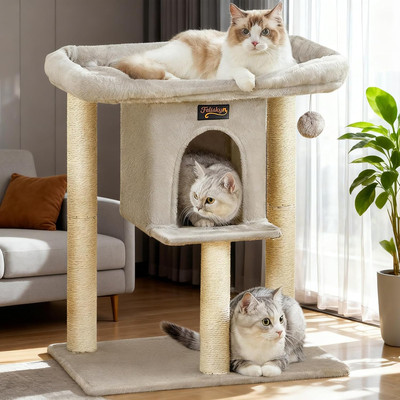 Small Cat Tree Tower for Indoor Large Cats, Cat Scratching Post with Big Perch B