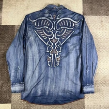 Roar Men's Blue Denim Long Sleeve Western Shirt Embroidered Wings Size Medium