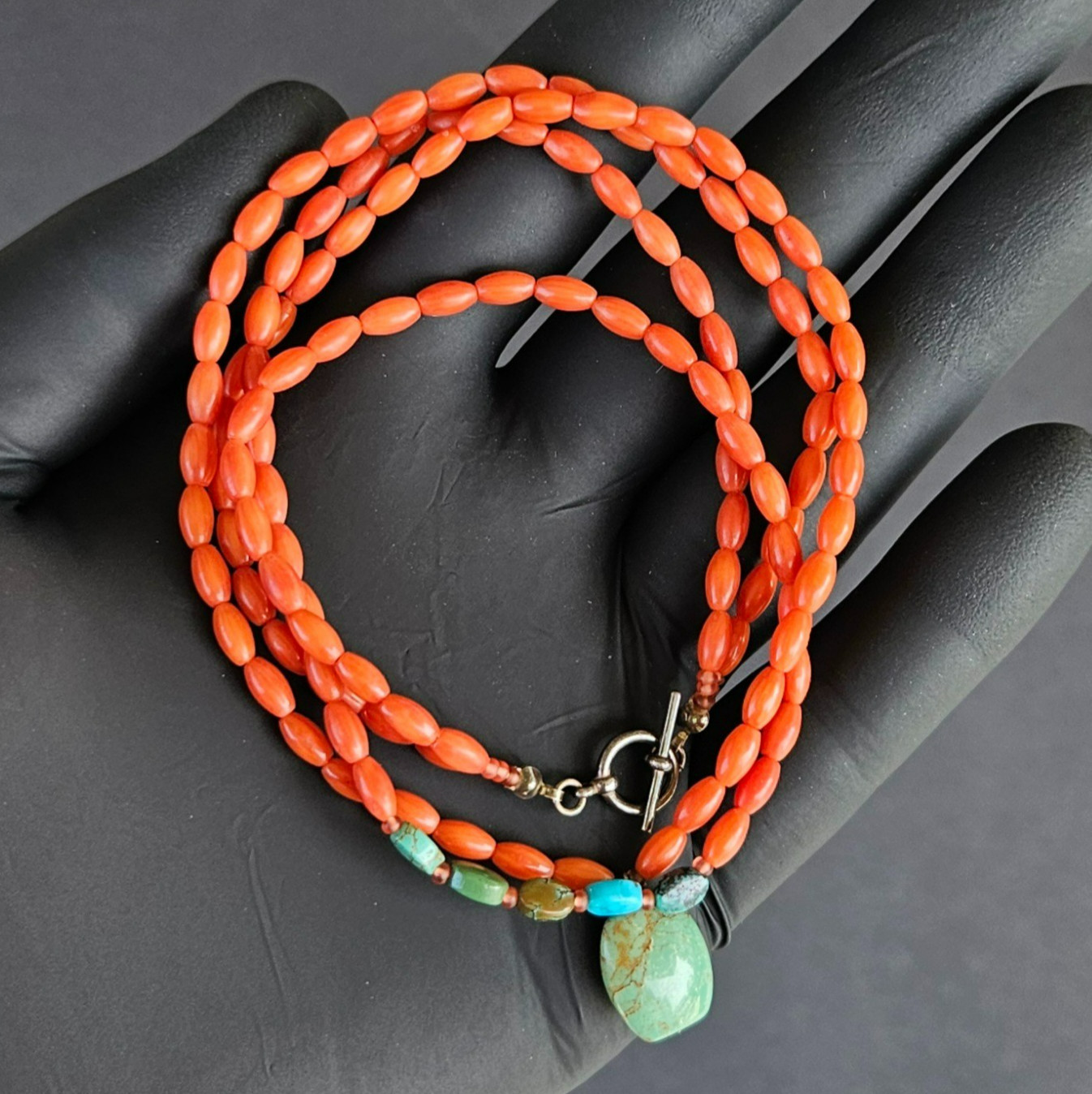 Vintage Natural Undyed Red Coral & Turquoise Bead Necklace Sterling Silver Clasp