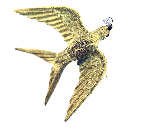 14K Solid Gold Dove Flying brooch with diamond and Rubies at the eyes