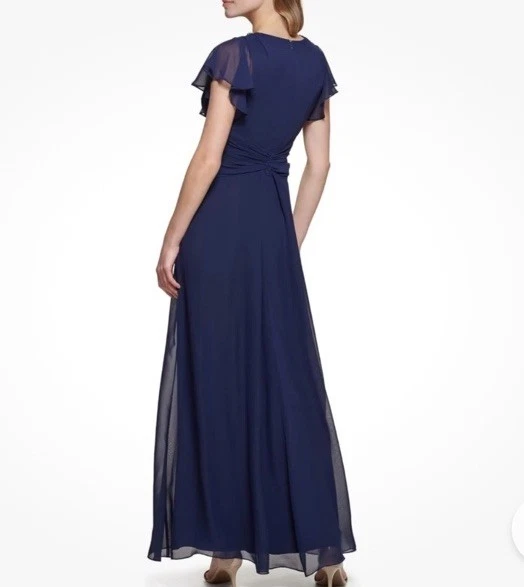 Vestido Eliza J Talla 14 Azul Marino Cintura Torcida Gasa Manga Acampanada Cuentas Cuello en V Foto 2 de 4