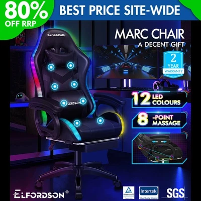 ELFORDSON Gaming Office Chair Massage RGB LED Recliner Footrest Swivel Computer