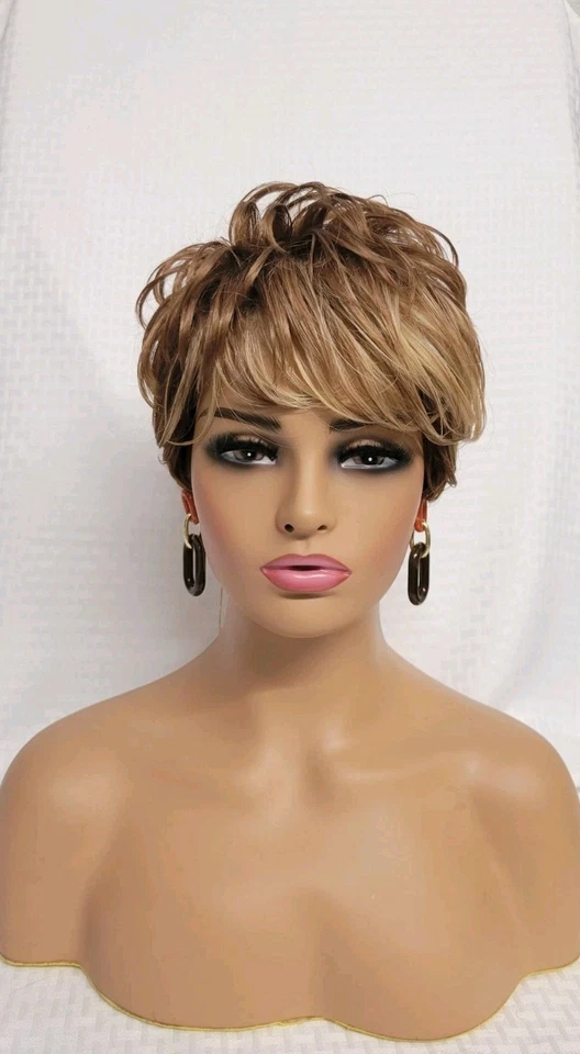 💕CUTE! PIXIE CUT TEXTURED WIG MIXED THREE BROWN TONE LIGHTWEIGHT DAILY FASHION - Image 2 of 4