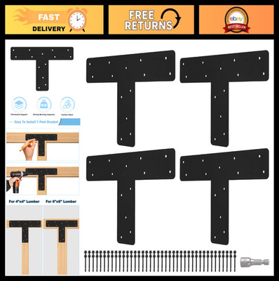 4 Pcs T Post Bracket Set, 13''x13'' Flat Mending Plates, Black Powder-Coated Conne