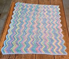 Handmade Crochet Baby Blanket 34" X 33" Wave Stitch Blue Yellow Green Pink Soft