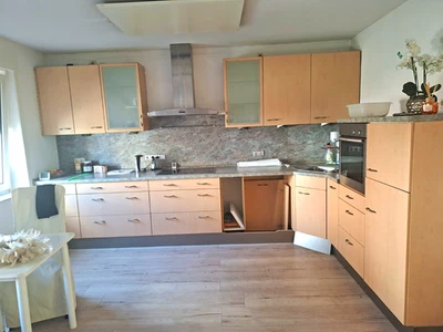 L-Form Einbauküche 9-tlg Beige/Grau Holzoptik mit Spüle Backofen Haube - Bild 1 von 2