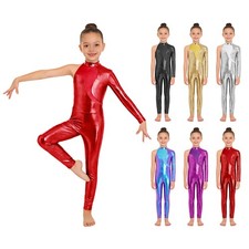 Kids Sparkly Unitard One Shoulder Long Sleeve Bodysuit Spandex Full Body Leotard