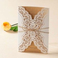 Rustic Kraft Lace Bow Personalised Laser Cut Wedding Invitations PK14113