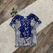 Vintage '70s-'80s International Fashions Small Blue Silver Sequin 100 Silk Top